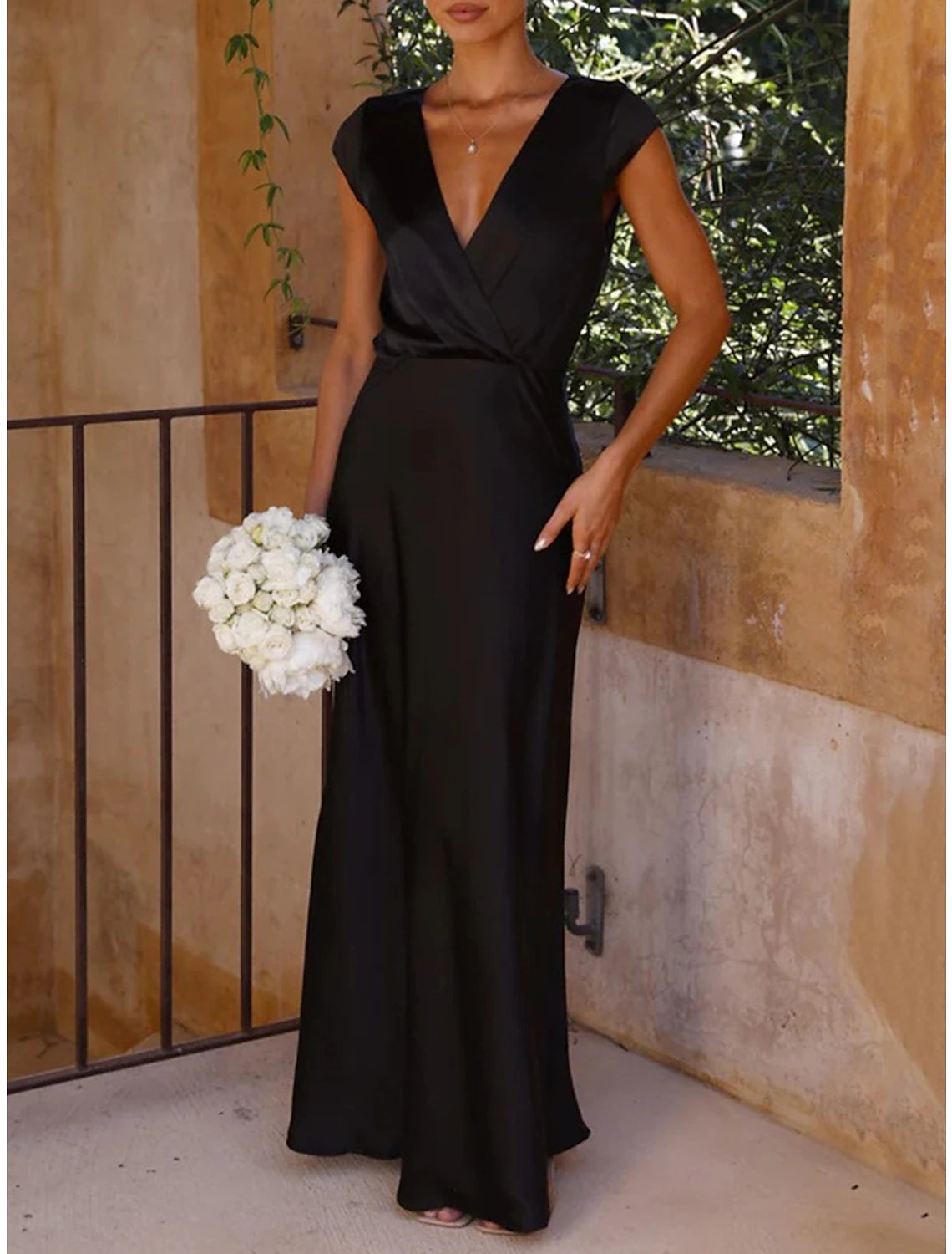 Women's Black Dress Prom Dress Party Dress Long Dress Maxi Dress Black Brown Light Blue Sleeveless Plain Ruched Summer Spring Fall V Neck Elegant Wedding Guest Evening Party Vacation